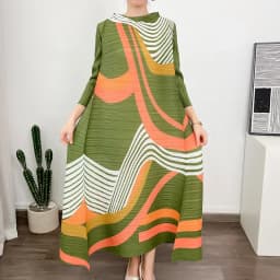 ANLAN Miyake Pleated Dress 2024 Summer New O-Neck Long Sleeved Printed Fashion Evening Dresses Elegant Women's Clothing 9AK2075