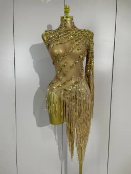 New Sparkly Rhinestones Tassel Sexy See-Through Dress Women One Shoulder Latin Dance Outfits Bars Nightclub Party Stage Costume