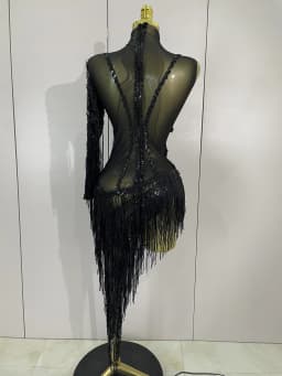 New Sparkly Rhinestones Tassel Sexy See-Through Dress Women One Shoulder Latin Dance Outfits Bars Nightclub Party Stage Costume