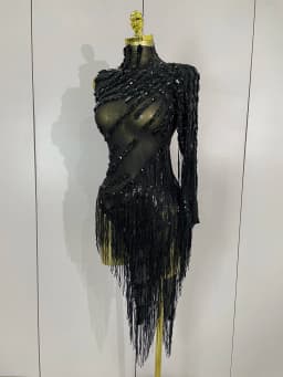 New Sparkly Rhinestones Tassel Sexy See-Through Dress Women One Shoulder Latin Dance Outfits Bars Nightclub Party Stage Costume