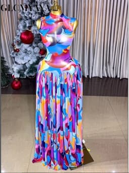 CM.YAYA Women's Tie Dye Printed Mesh See Though A-line Maxi Dress 2026 Street Education Party Cocktail Night Out Long Dresses