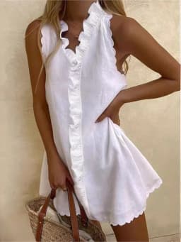Women V Neck Ruffles Dress Fashion Elegant Solid Mini Sleeveless Dresses Women's Summer Beach Holiday Womens Clothing Robe Femme