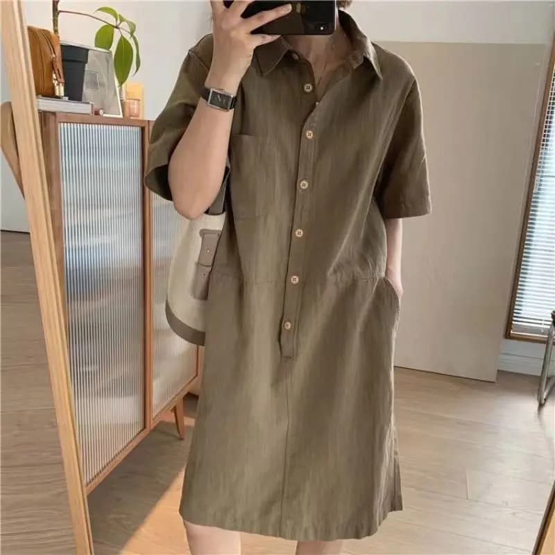 Summer Thin Short Sleeve Cotton Lin Dress Women Loose Personality Collar Simple Small Size Midi Shirt Dress Straight Tube