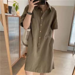 Summer Thin Short Sleeve Cotton Lin Dress Women Loose Personality Collar Simple Small Size Midi Shirt Dress Straight Tube