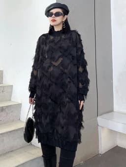 [EAM] Women Black Tassels Perspective Big Size Knee-Length Dress New Turtleneck Long Sleeve Fashion Spring Autumn 2026 1DH8741