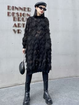 [EAM] Women Black Tassels Perspective Big Size Knee-Length Dress New Turtleneck Long Sleeve Fashion Spring Autumn 2026 1DH8741