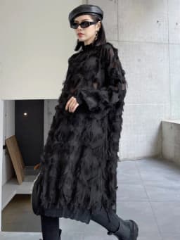 [EAM] Women Black Tassels Perspective Big Size Knee-Length Dress New Turtleneck Long Sleeve Fashion Spring Autumn 2026 1DH8741