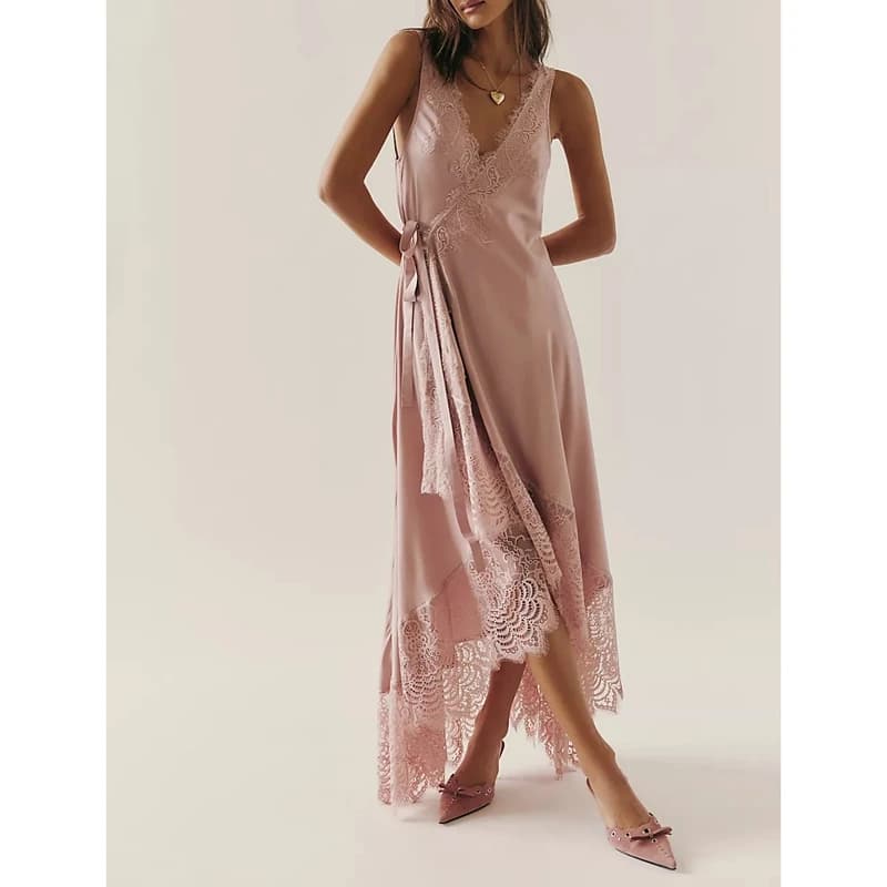 Combhasaki Women Summer Wrapped Tied V Neck Dress Floral Lace Trim Patchwork Sleeveless Irregular Ruffled Hem Long Tank Dresses