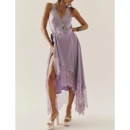 Combhasaki Women Summer Wrapped Tied V Neck Dress Floral Lace Trim Patchwork Sleeveless Irregular Ruffled Hem Long Tank Dresses