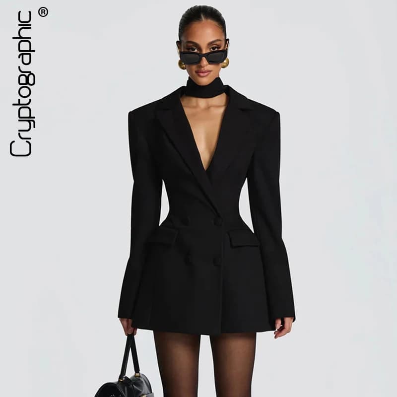 Cryptographic Elegant Fashion Blazer Dress Club Party Long Sleeve Shoulder Pads A-Line V Neck Mini Dresses Fall Winter Clothes