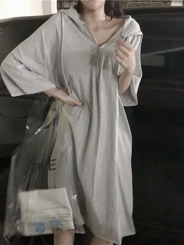 plus Size Korean Style Loose Fit Mid-Length Dress with Hood And 3/4 Sleeves for Women Summer Season Casual Wear A-Line Skirt
