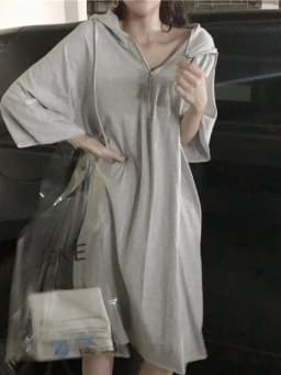 plus Size Korean Style Loose Fit Mid-Length Dress with Hood And 3/4 Sleeves for Women Summer Season Casual Wear A-Line Skirt