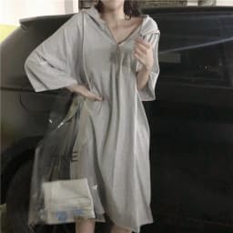 plus Size Korean Style Loose Fit Mid-Length Dress with Hood And 3/4 Sleeves for Women Summer Season Casual Wear A-Line Skirt