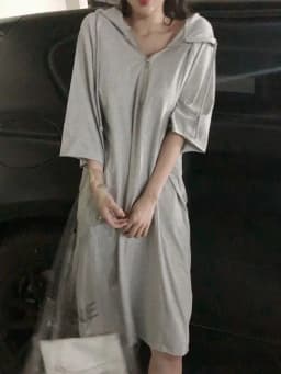 plus Size Korean Style Loose Fit Mid-Length Dress with Hood And 3/4 Sleeves for Women Summer Season Casual Wear A-Line Skirt