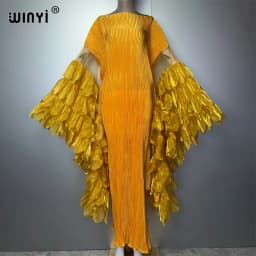 WINYI Elastic Slim Pleated Dress Beachwear Monocolour Kaftan Abaya Dubai Luxury Party Dress Long Down Muslim Woman Evening Dress
