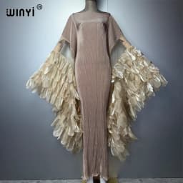 WINYI Elastic Slim Pleated Dress Beachwear Monocolour Kaftan Abaya Dubai Luxury Party Dress Long Down Muslim Woman Evening Dress