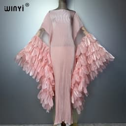 WINYI Elastic Slim Pleated Dress Beachwear Monocolour Kaftan Abaya Dubai Luxury Party Dress Long Down Muslim Woman Evening Dress