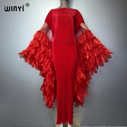 WINYI Elastic Slim Pleated Dress Beachwear Monocolour Kaftan Abaya Dubai Luxury Party Dress Long Down Muslim Woman Evening Dress