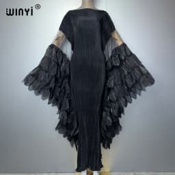 WINYI Elastic Slim Pleated Dress Beachwear Monocolour Kaftan Abaya Dubai Luxury Party Dress Long Down Muslim Woman Evening Dress