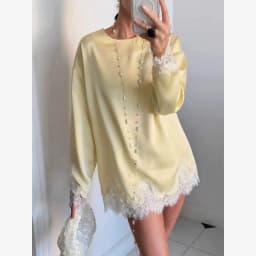 Women Light Blue Lace Satin Round Neck Dress Elegant Side Tie Long Sleeve Soft Short Gown 2026 Daily Vacation Party Sundress