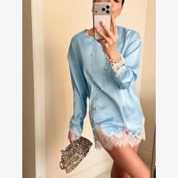 Women Light Blue Lace Satin Round Neck Dress Elegant Side Tie Long Sleeve Soft Short Gown 2026 Daily Vacation Party Sundress