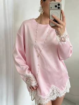 Women Light Blue Lace Satin Round Neck Dress Elegant Side Tie Long Sleeve Soft Short Gown 2026 Daily Vacation Party Sundress