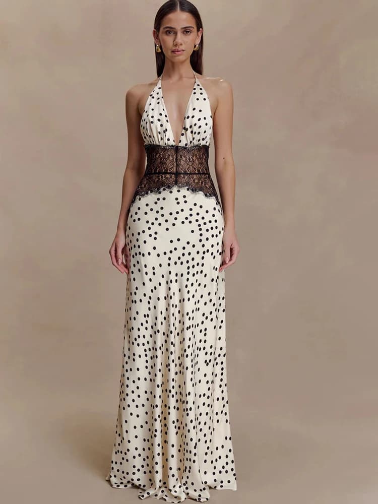 JULISSA MO Patchwork Lace Print Polka Dot Halter Women Maxi Dress Sexy Backless Evening Dress Winter Skinny Elegant Party Dress