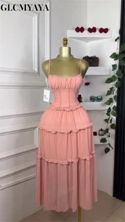 GLCMYAYA Women Strap Sleeveless Ruffles A-line Midi Maxi Long Dress 2025 Summer Beach Holiday Vacation Vestidos Dresses