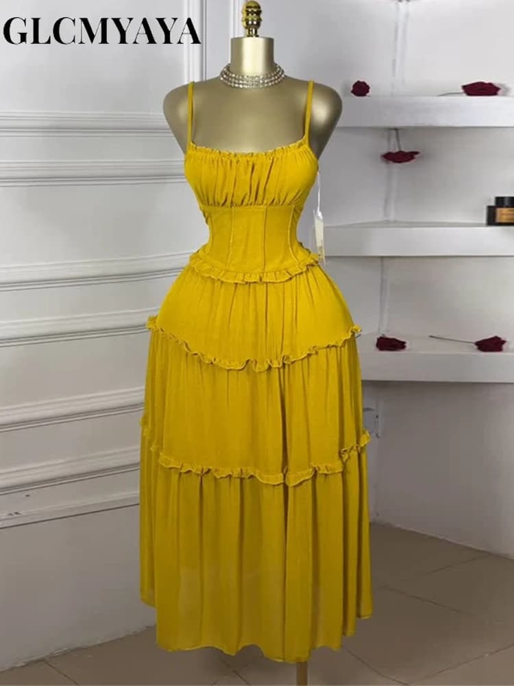 GLCMYAYA Women Strap Sleeveless Ruffles A-line Midi Maxi Long Dress 2025 Summer Beach Holiday Vacation Vestidos Dresses