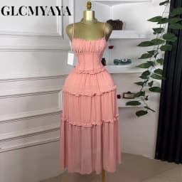 GLCMYAYA Women Strap Sleeveless Ruffles A-line Midi Maxi Long Dress 2025 Summer Beach Holiday Vacation Vestidos Dresses