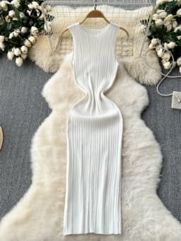 SINGREINY Women Sheath Long Dress O Neck Sleeveless Solid Pleated Knit Elastic Fashion Elegant Stiped Retro Sexy Bodycon Dress