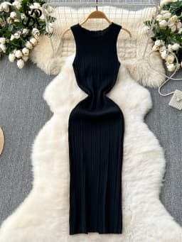 SINGREINY Women Sheath Long Dress O Neck Sleeveless Solid Pleated Knit Elastic Fashion Elegant Stiped Retro Sexy Bodycon Dress