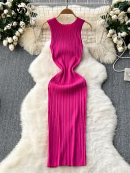 SINGREINY Women Sheath Long Dress O Neck Sleeveless Solid Pleated Knit Elastic Fashion Elegant Stiped Retro Sexy Bodycon Dress
