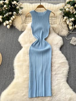 SINGREINY Women Sheath Long Dress O Neck Sleeveless Solid Pleated Knit Elastic Fashion Elegant Stiped Retro Sexy Bodycon Dress