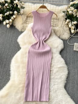 SINGREINY Women Sheath Long Dress O Neck Sleeveless Solid Pleated Knit Elastic Fashion Elegant Stiped Retro Sexy Bodycon Dress