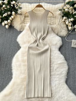 SINGREINY Women Sheath Long Dress O Neck Sleeveless Solid Pleated Knit Elastic Fashion Elegant Stiped Retro Sexy Bodycon Dress
