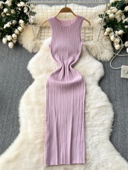 SINGREINY Women Sheath Long Dress O Neck Sleeveless Solid Pleated Knit Elastic Fashion Elegant Stiped Retro Sexy Bodycon Dress