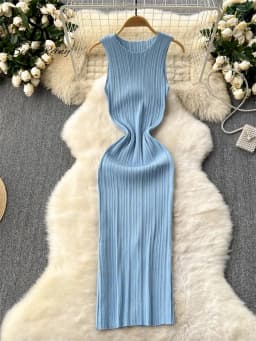 SINGREINY Women Sheath Long Dress O Neck Sleeveless Solid Pleated Knit Elastic Fashion Elegant Stiped Retro Sexy Bodycon Dress
