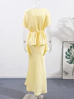 Fashion Yellow Satin Tops Skirt 2 Piece Set Women Lace Up Top High Waist Mermaid Skirt 2025 Summer Sexy New in Matching Suits