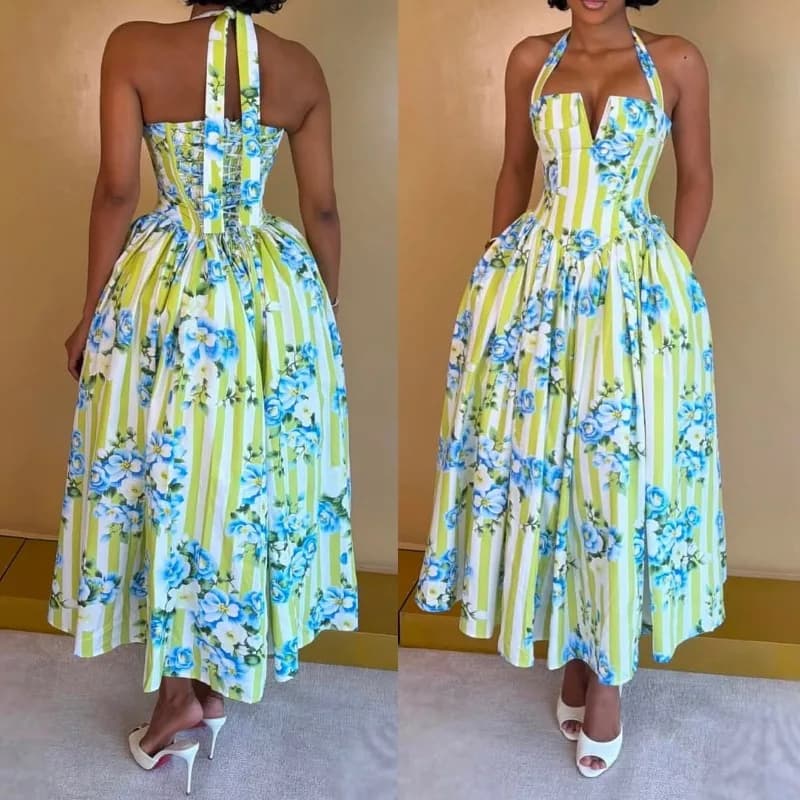 Sweet Printed Tie Neck Maxi Dress V Neck Slim Waist Cinched Flowy Maxi Dress 2026 Summer European Women Beach Vacation Dress