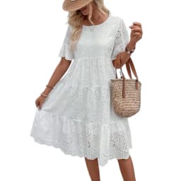 Summer Women Dress Hollow Out O Neck Short Sleeves A-line Pleated Solid Color Big Swing Embroidery Vacation Beach Midi Dress