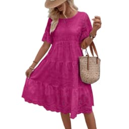 Summer Women Dress Hollow Out O Neck Short Sleeves A-line Pleated Solid Color Big Swing Embroidery Vacation Beach Midi Dress