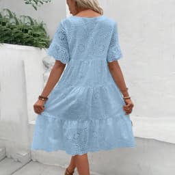 Summer Women Dress Hollow Out O Neck Short Sleeves A-line Pleated Solid Color Big Swing Embroidery Vacation Beach Midi Dress