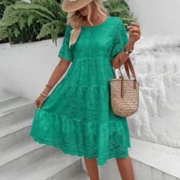 Summer Women Dress Hollow Out O Neck Short Sleeves A-line Pleated Solid Color Big Swing Embroidery Vacation Beach Midi Dress