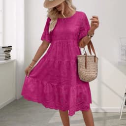Summer Women Dress Hollow Out O Neck Short Sleeves A-line Pleated Solid Color Big Swing Embroidery Vacation Beach Midi Dress