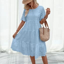 Summer Women Dress Hollow Out O Neck Short Sleeves A-line Pleated Solid Color Big Swing Embroidery Vacation Beach Midi Dress