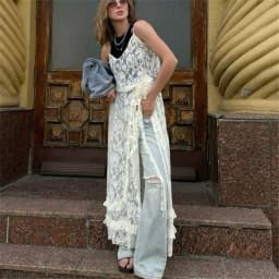 Gaono Women Sheer Long Dress Spaghetti Straps V-neck Slit See-through Lace Dress Summer Dress Cover Ups for Party Vacation