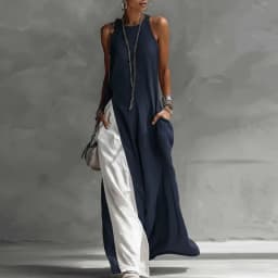 Casual Sleeveless Summer Boho Vacation Maxi Dress Woman Sexy O Neck Contrast Color Long Dress Spring Pocket A-Line Party Dresses