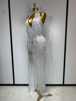Women Sexy Shiny Crystals Tassel Long Dress Elegant Prom Gown Evening Club Birthday Wedding Party Singer Photoshoot Dress