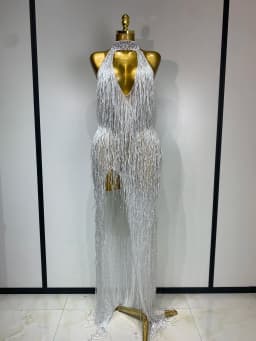 Women Sexy Shiny Crystals Tassel Long Dress Elegant Prom Gown Evening Club Birthday Wedding Party Singer Photoshoot Dress
